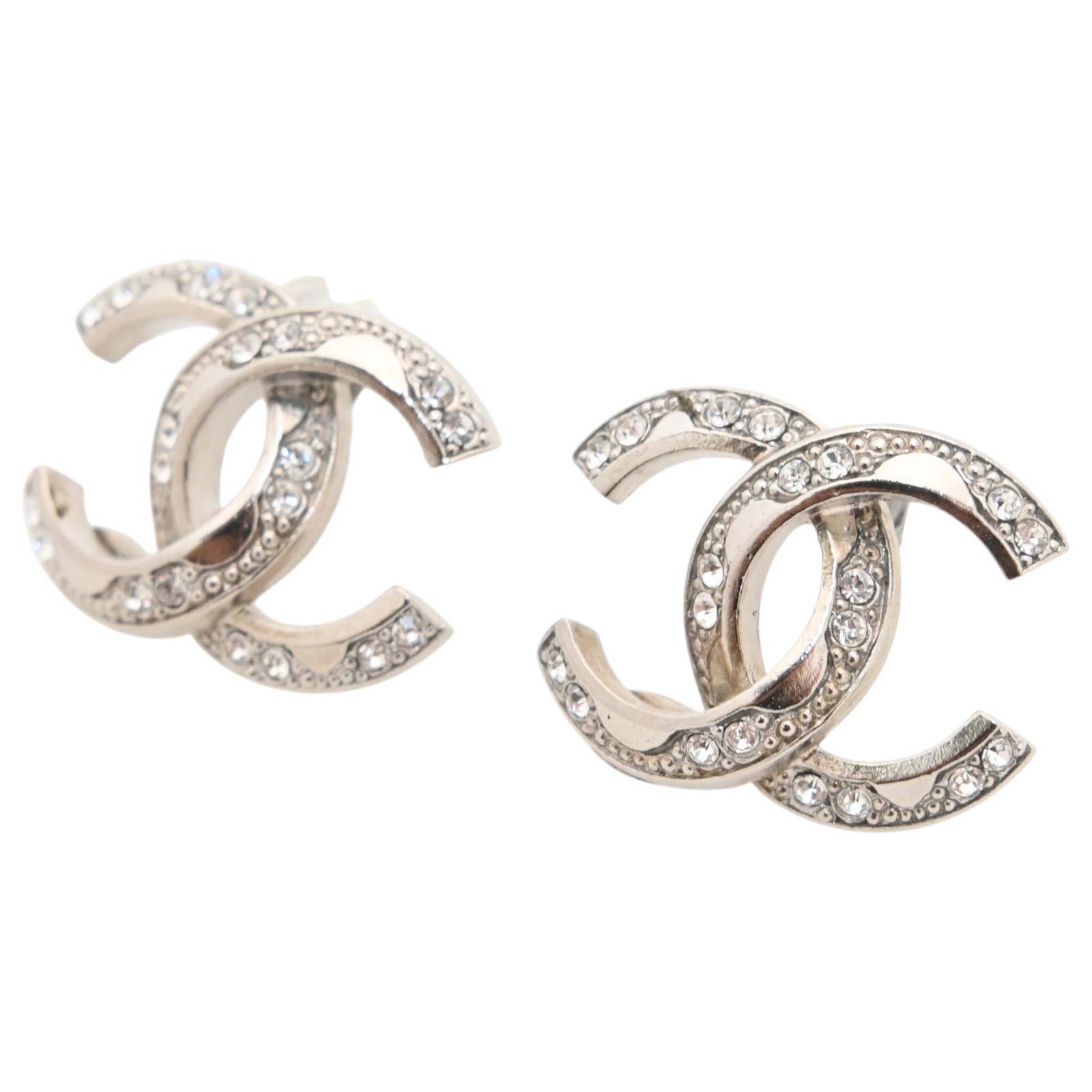 Auth Chanel Coco Mark Stone Logo Pierced Earrings Silver ch8854ed