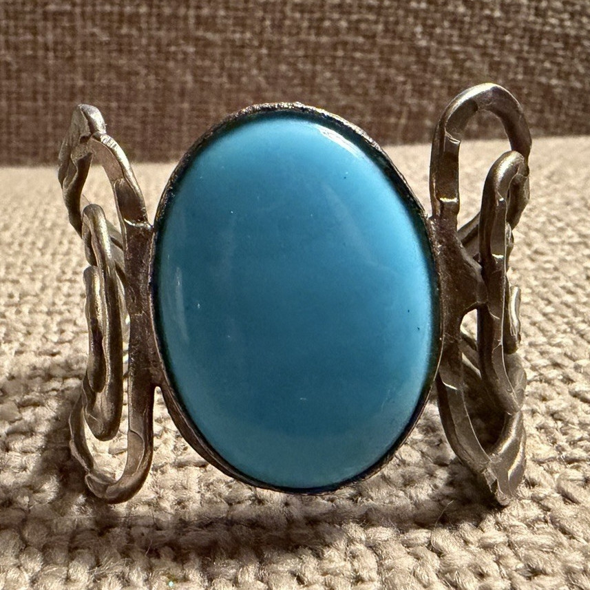 Handcrafted Silver Tone Openwork Oval Blue Cabochon Stone Cuff Bracelet