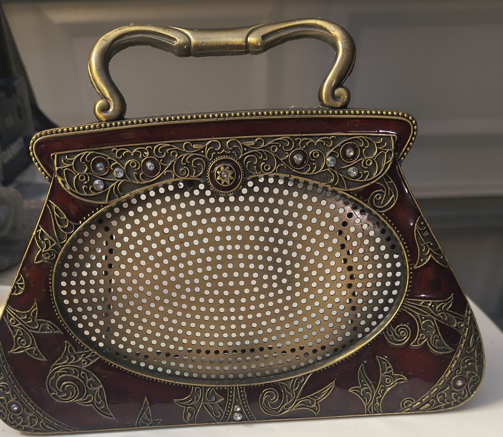 Vintage Brass & Enamel Metal Clutch Purse/Picture Frame/Earing Holder Red Jewel