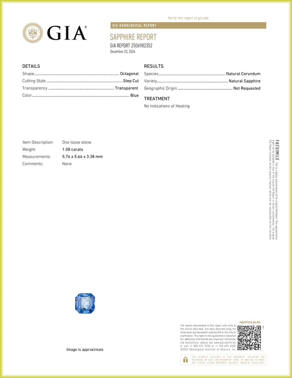 GIA Certified 1.08 ct Significant Octagon(5.76 x 5.64 mm)Unheated Blue Sapphire