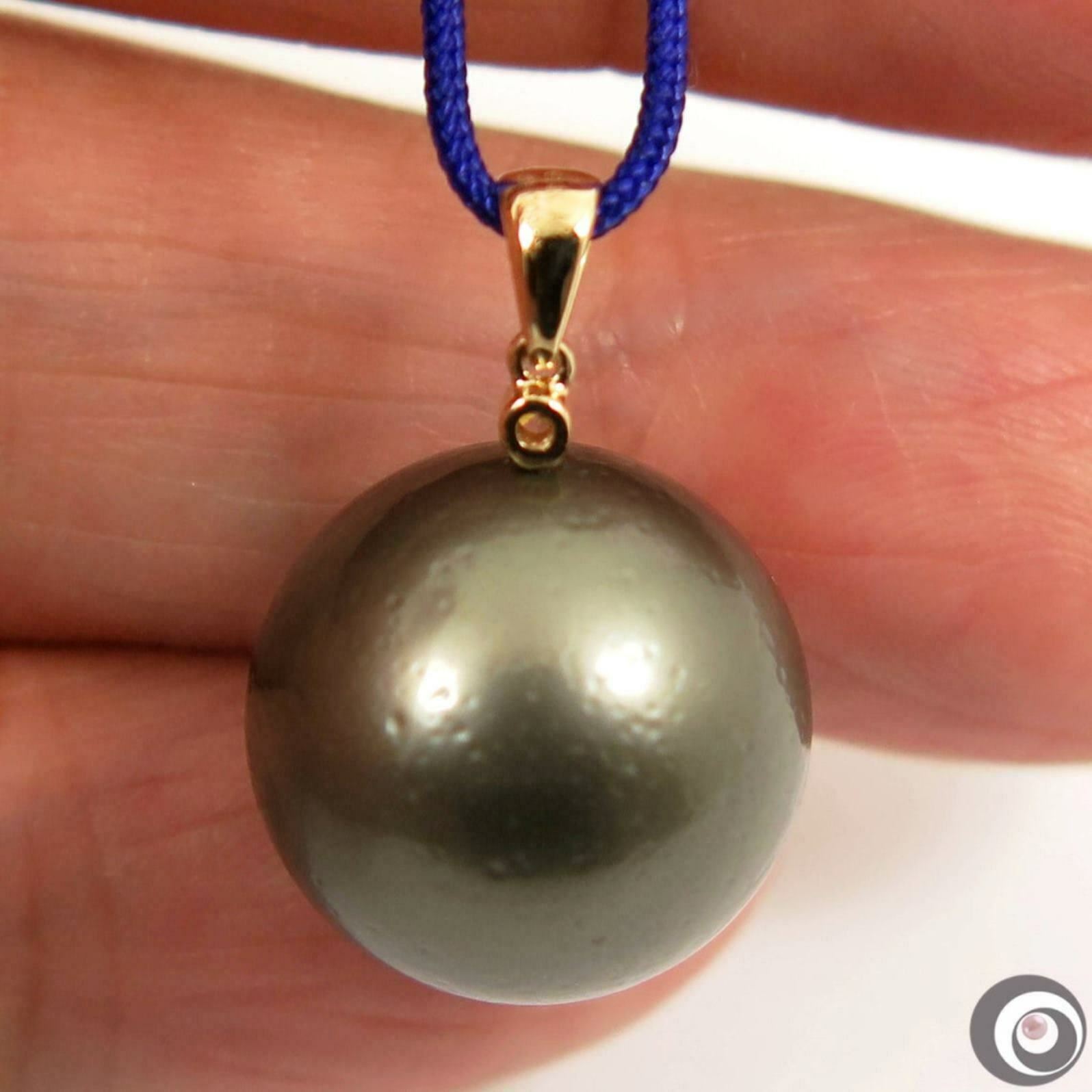 Enormous 15.2mm Tahitian South Sea Pearl Pendant, 14K Solid Gold+Diamond #P5155