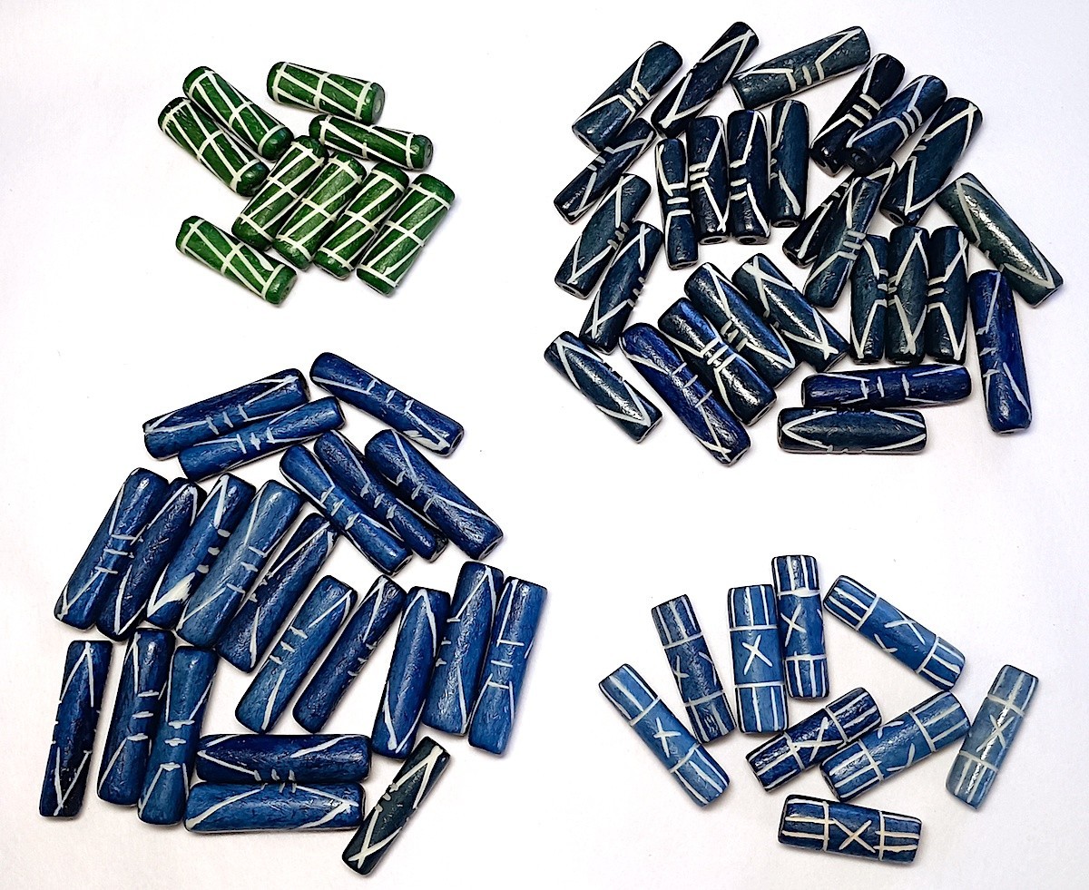 Buffalo Bone Beads, 67 Pcs, Blue, Green, Avg 22mm, Indonesian, Etched, 3mm Holes