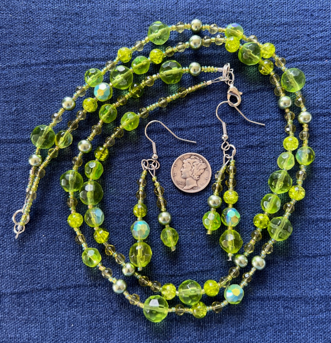 Beaded 2 Strand Necklace 17 1/2 Inches Dangle Earrings Glass Beads Pastel Green