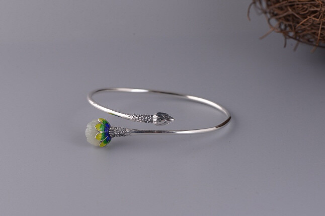 I05 Bangle Silver 925 Lotus Flower Bud White Jade Cloisonne Multicolor