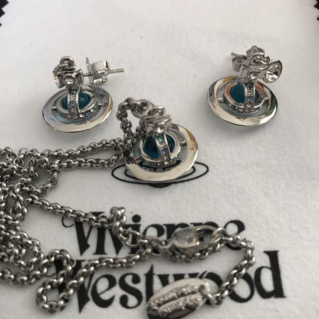 Vivienne Westwood Necklace Earrings Set Petite Orb Blue Silver NO BOX [E50049