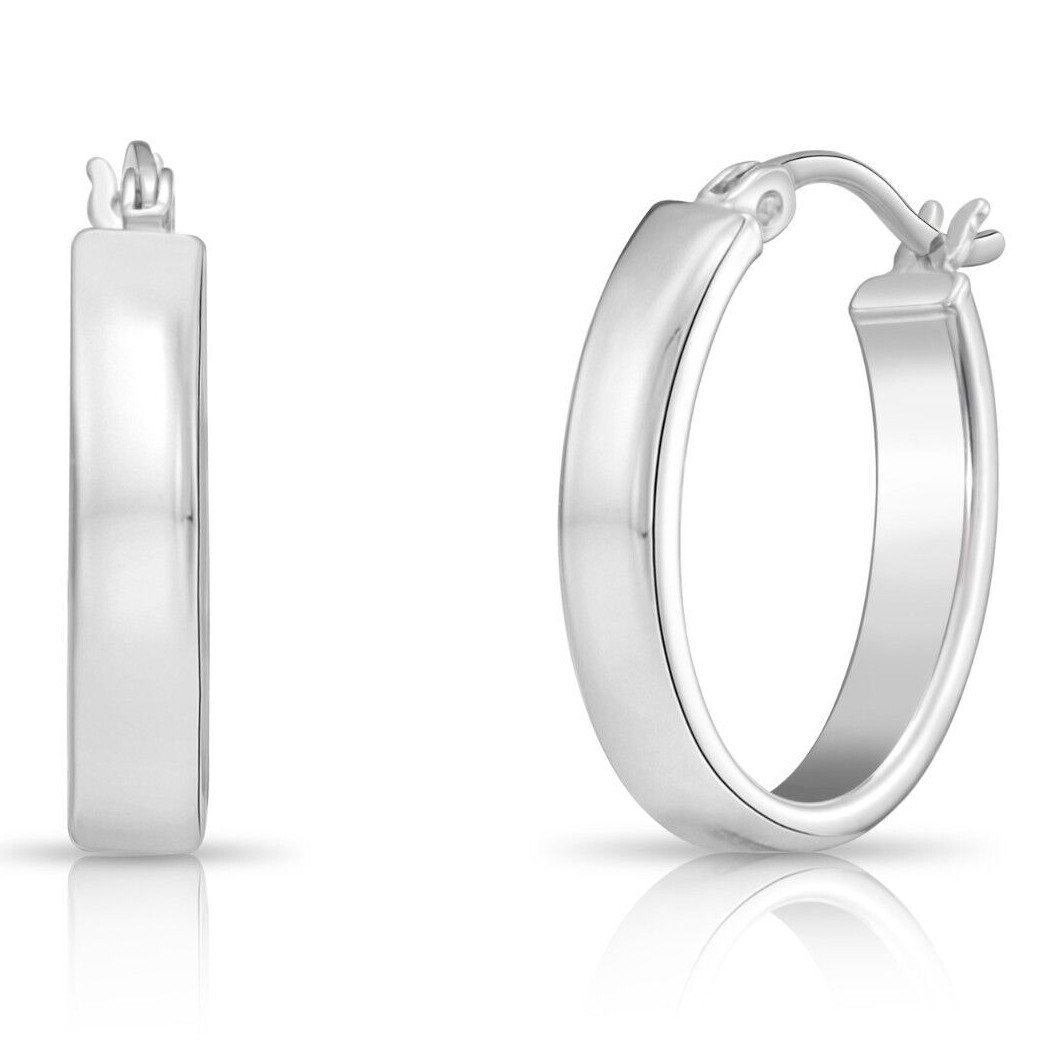 925 Solid Sterling Silver Shiny Polished Oval Creole Hoop Earrings Minimalist