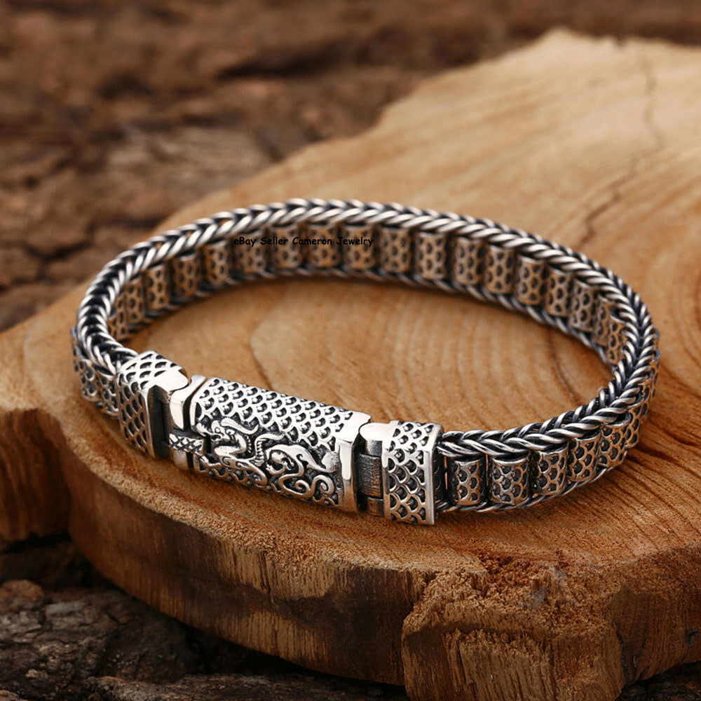 Real 925 Sterling Silver Chain 9mm Dragon Wheat Tube Link Bracelet 44-45g 7.9in