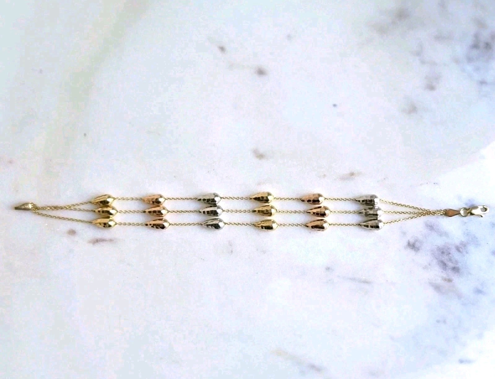 14K Gold TriColor Triple-strand Bracelet with 18 Textured Teardrop Beads VINTAGE