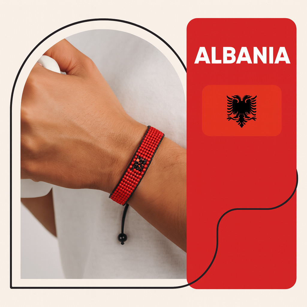 Albania Flag Bracelet: Adjustable Beaded String, Handmade Boho Patriotic Gift.