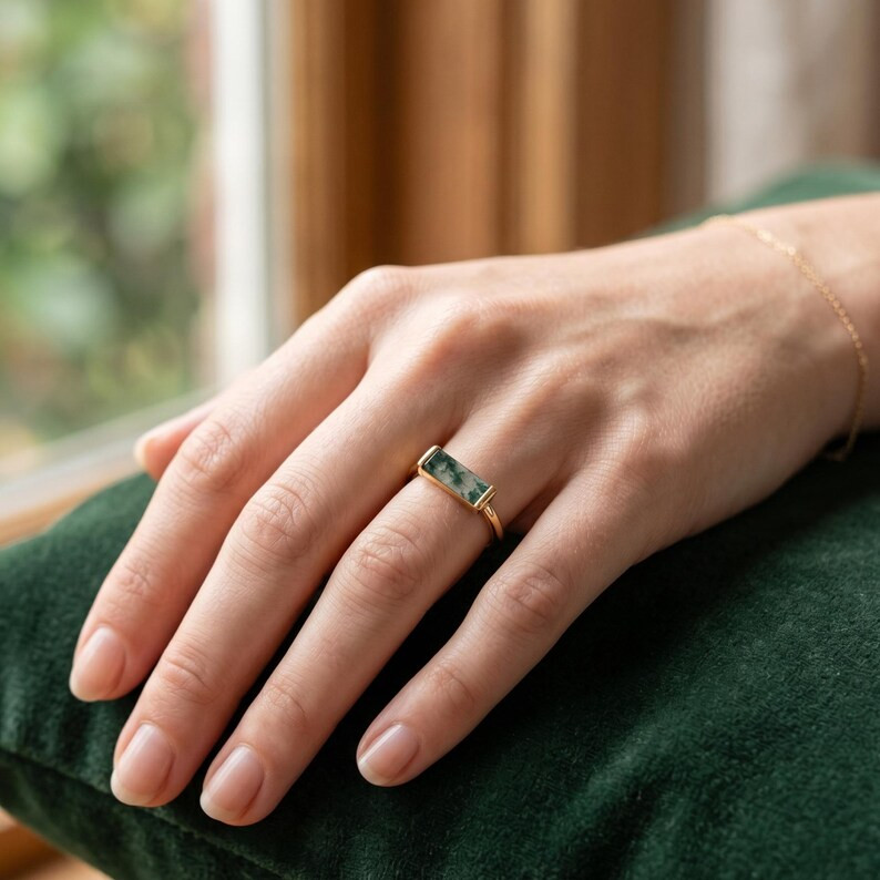 Green Moss Agate Ring, Base Metal: Brass Finish: Gold Plated