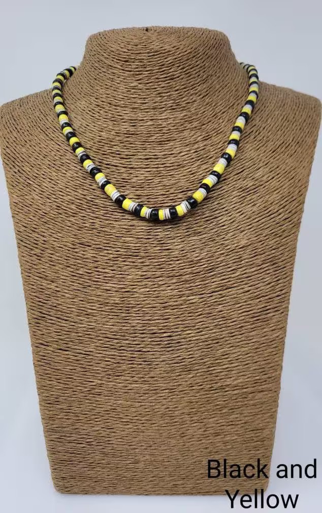 Puka Beaded Necklace Wooden Beads Gray Shell Unisex Black Blue Pink Yellow 16″