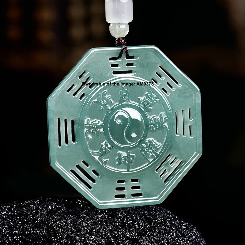 Natural Grade A Blue Water Jadeite Double Sided Tai Chi Bagua Pendant Feng Shui