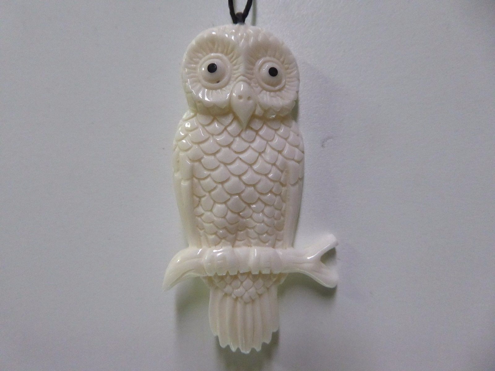 Owl On A Branch Handmade White Water Buffalo Bone Pendant With Cord Necklace