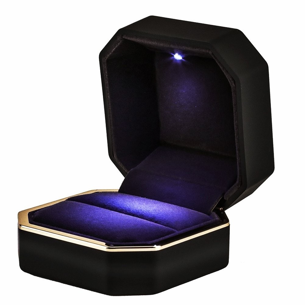 Elegant Velvet Ring Box with LED Light – Square Jewelry Case for Engagement & We