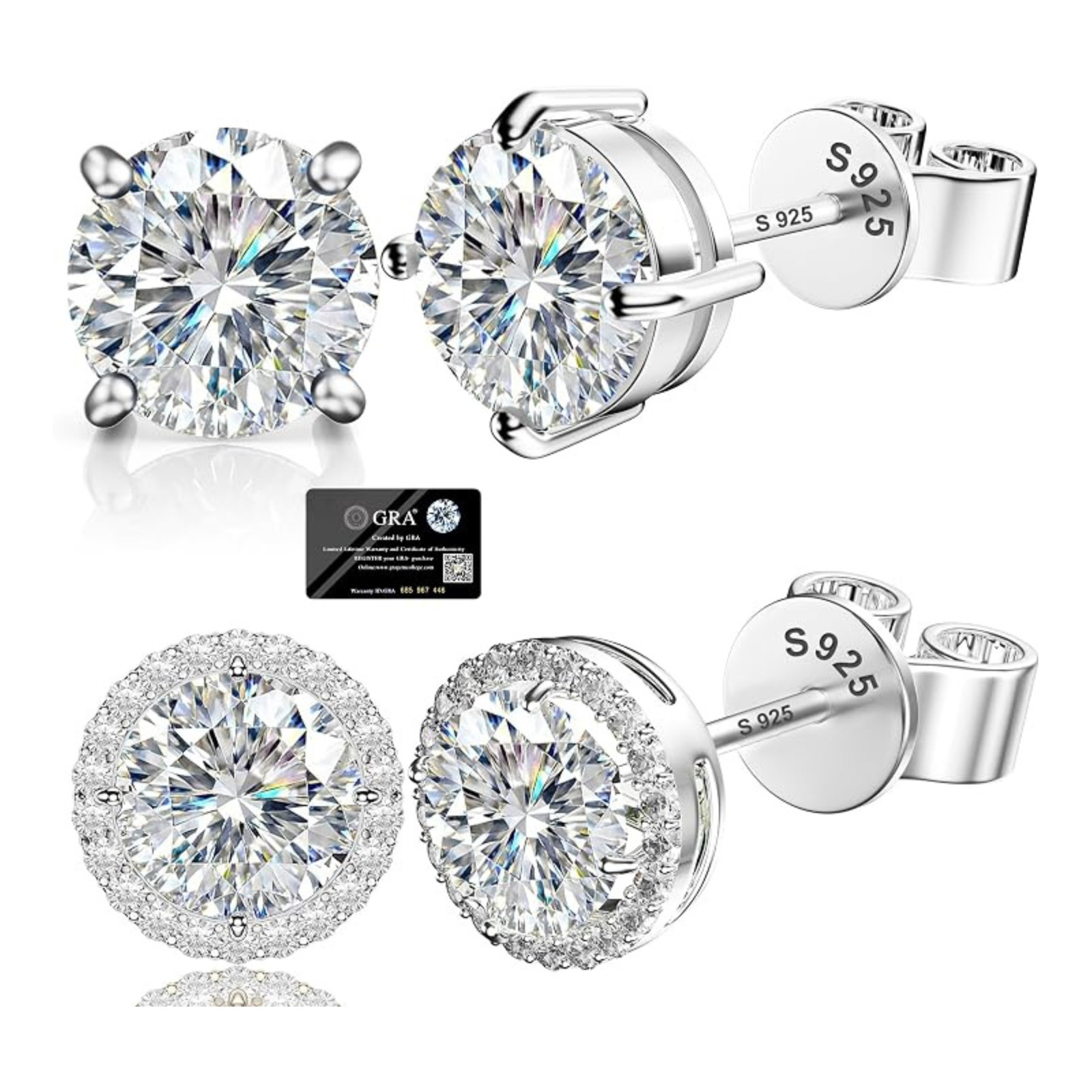 2 Pair GRA Certified VVS1 Round Halo Moissanite Stud Earrings White Gold