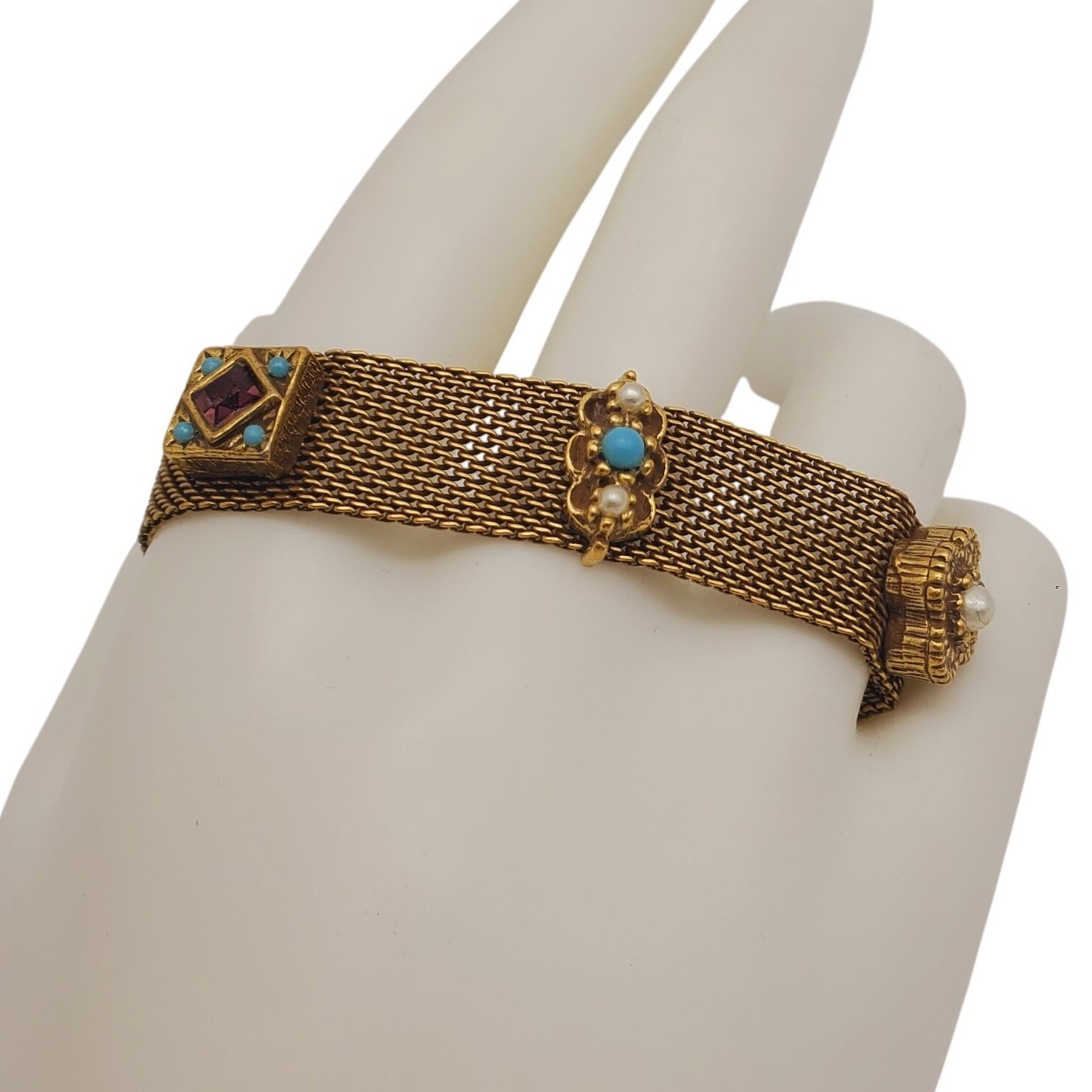 Vtg Goldette Gold Tone Victorian Revival Mesh Chain Bracelet Jeweled Blue Purple