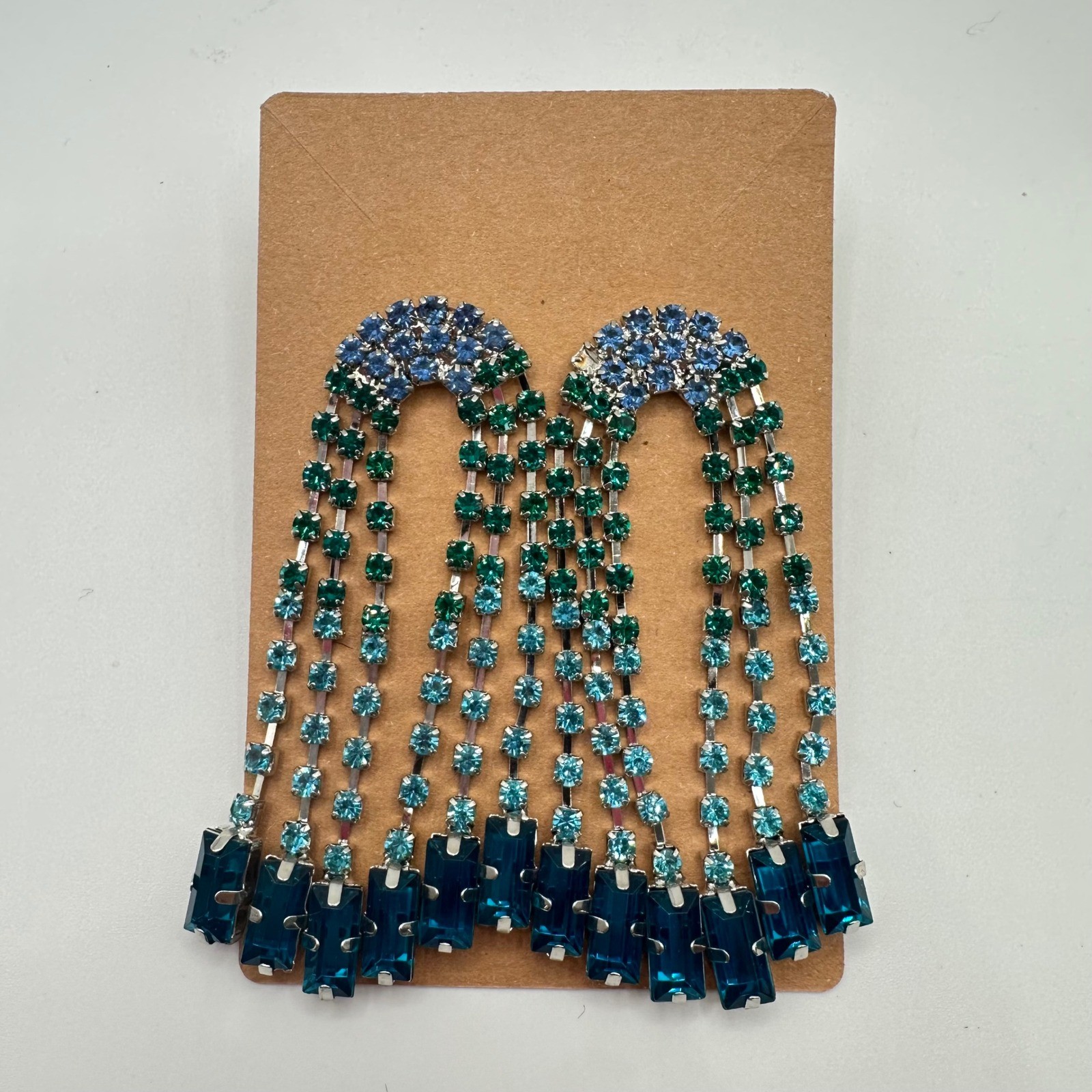 VTG Blue Green Rhinestone Waterfall Arch Earrings Ombre Crystal Silver Art Deco