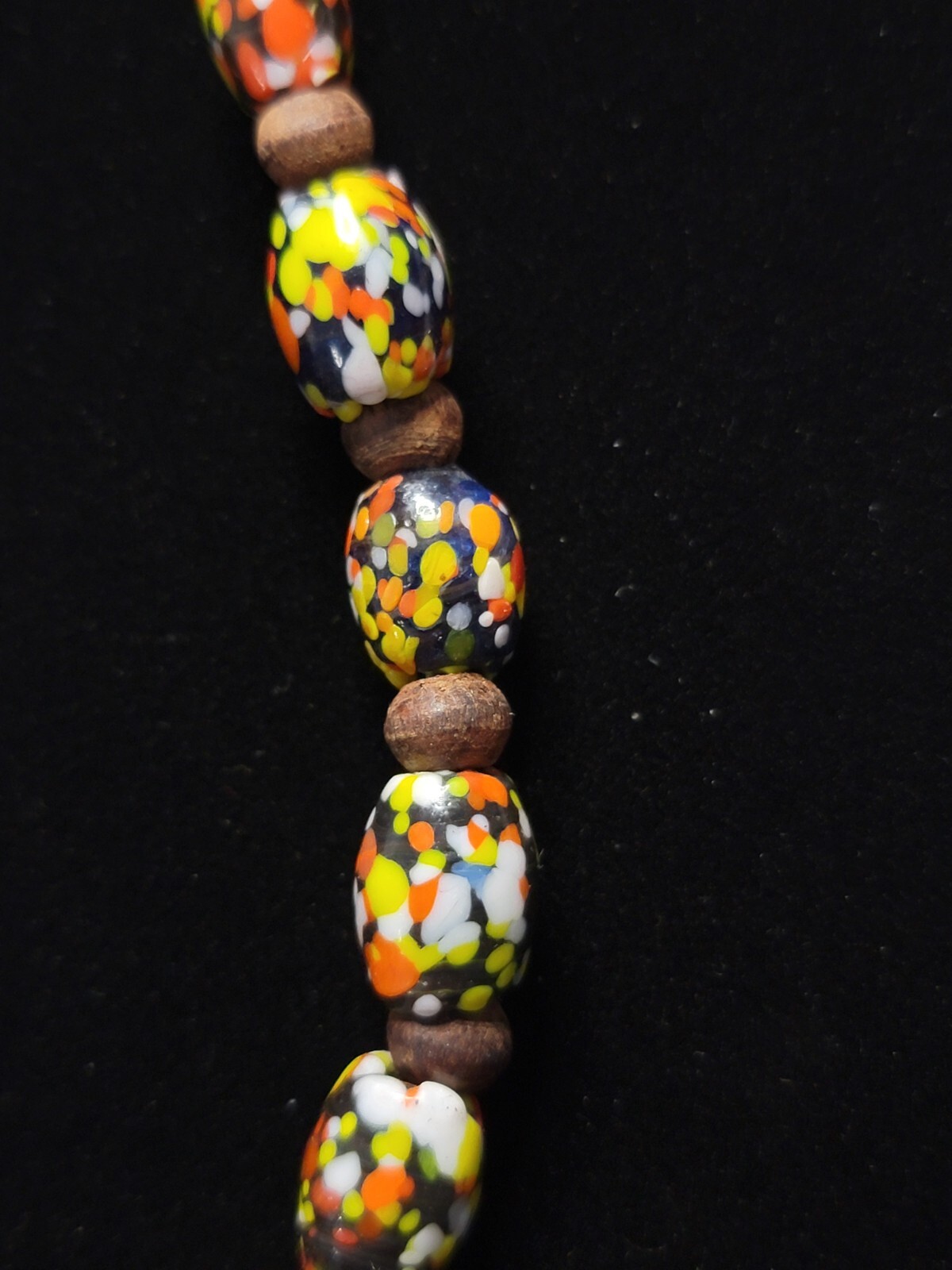 Vtg Wood Spacer Glass Trade Beads Black Blue Orange Yellow Necklace Roughly 32″