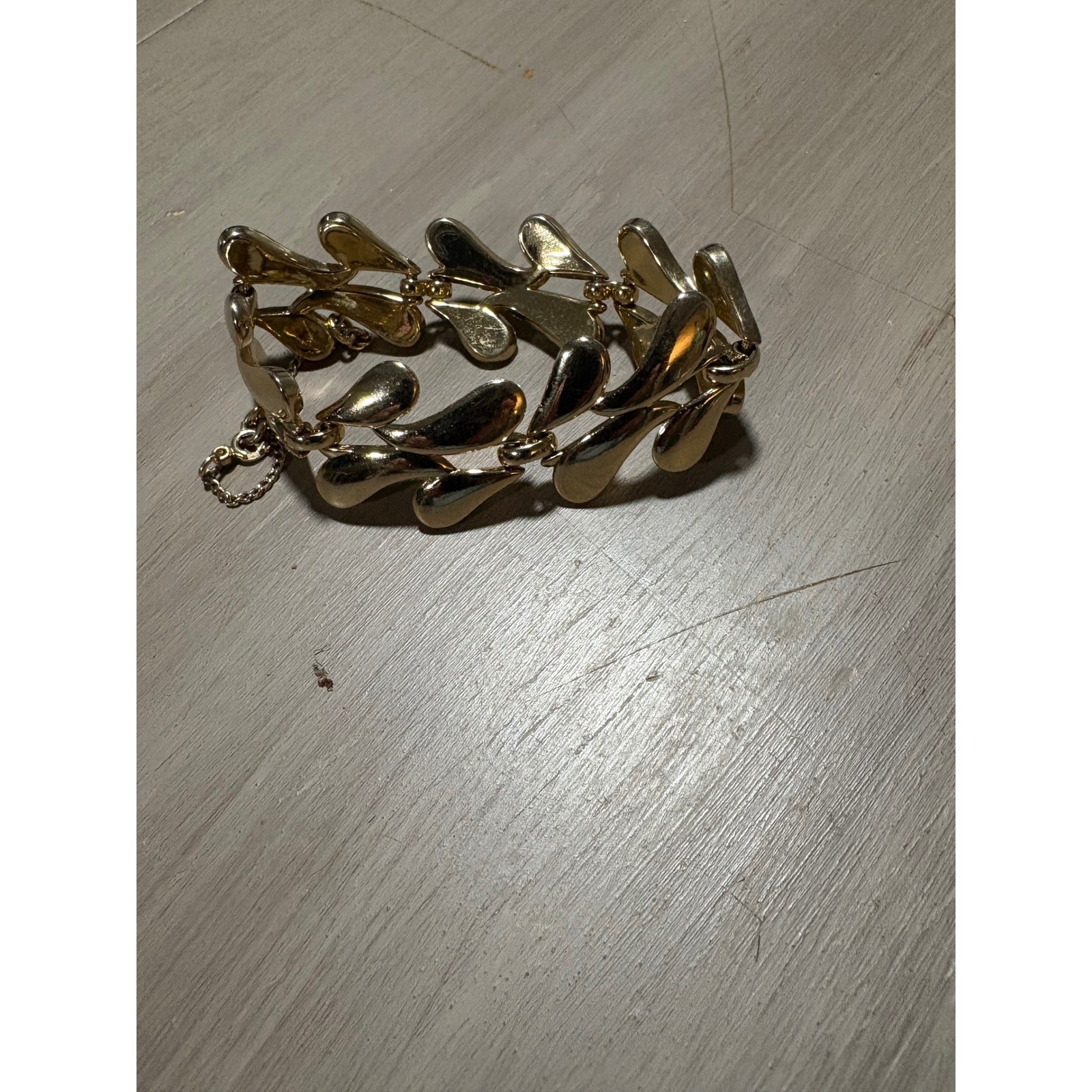 Vintage Monet Gold Tone Leaf Link Bracelet with Safety Chain Polished Finish