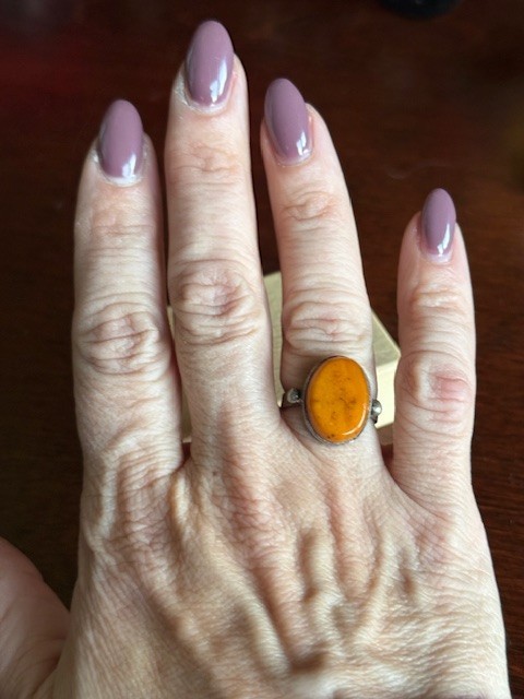 Vintage Sterling Silver 925 Baltic Egg Yolk Oval Amber Cabochon Ring 1960’s sz 7