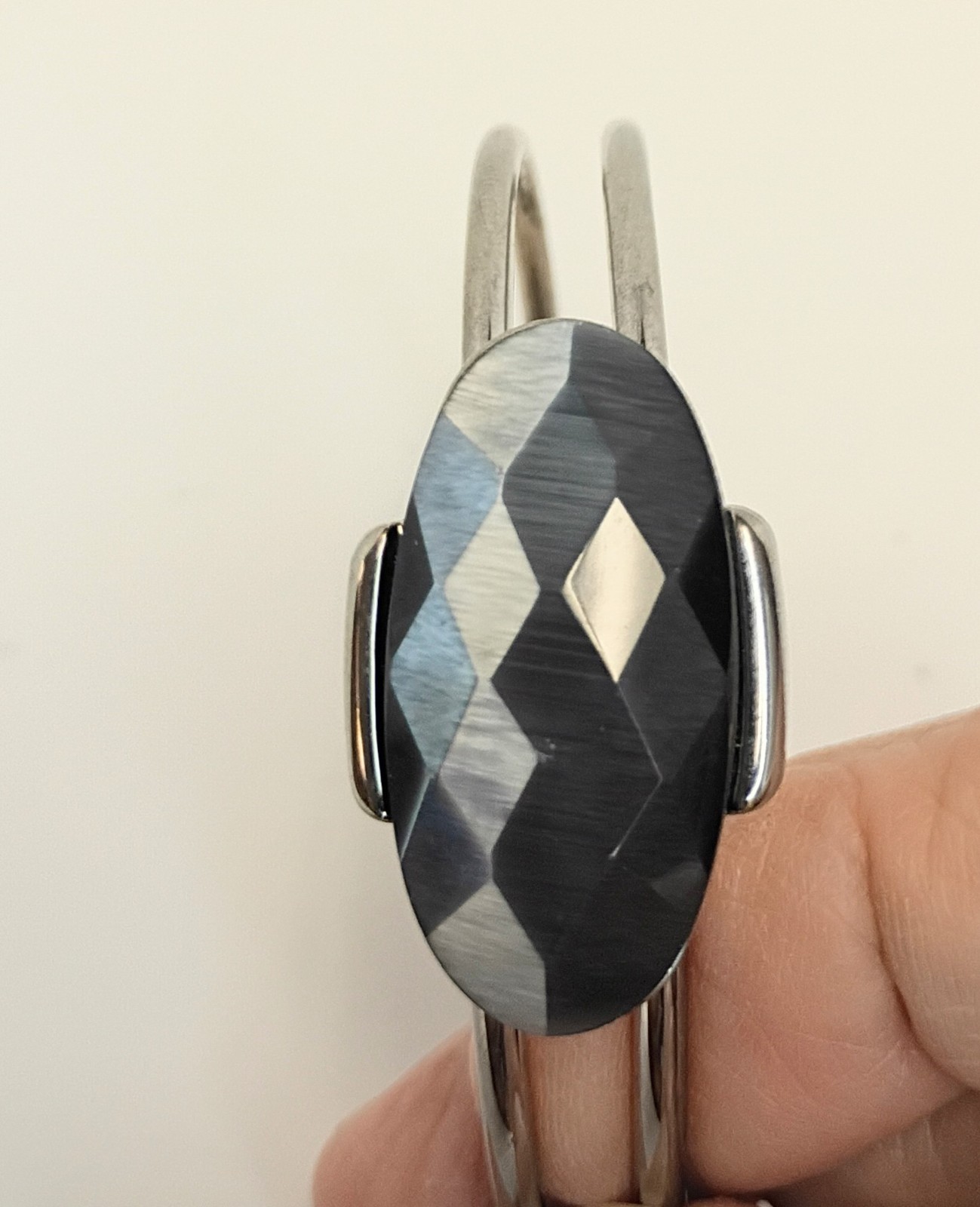 Double Bar Silvertone Bracelet With Dark Faceted Stone