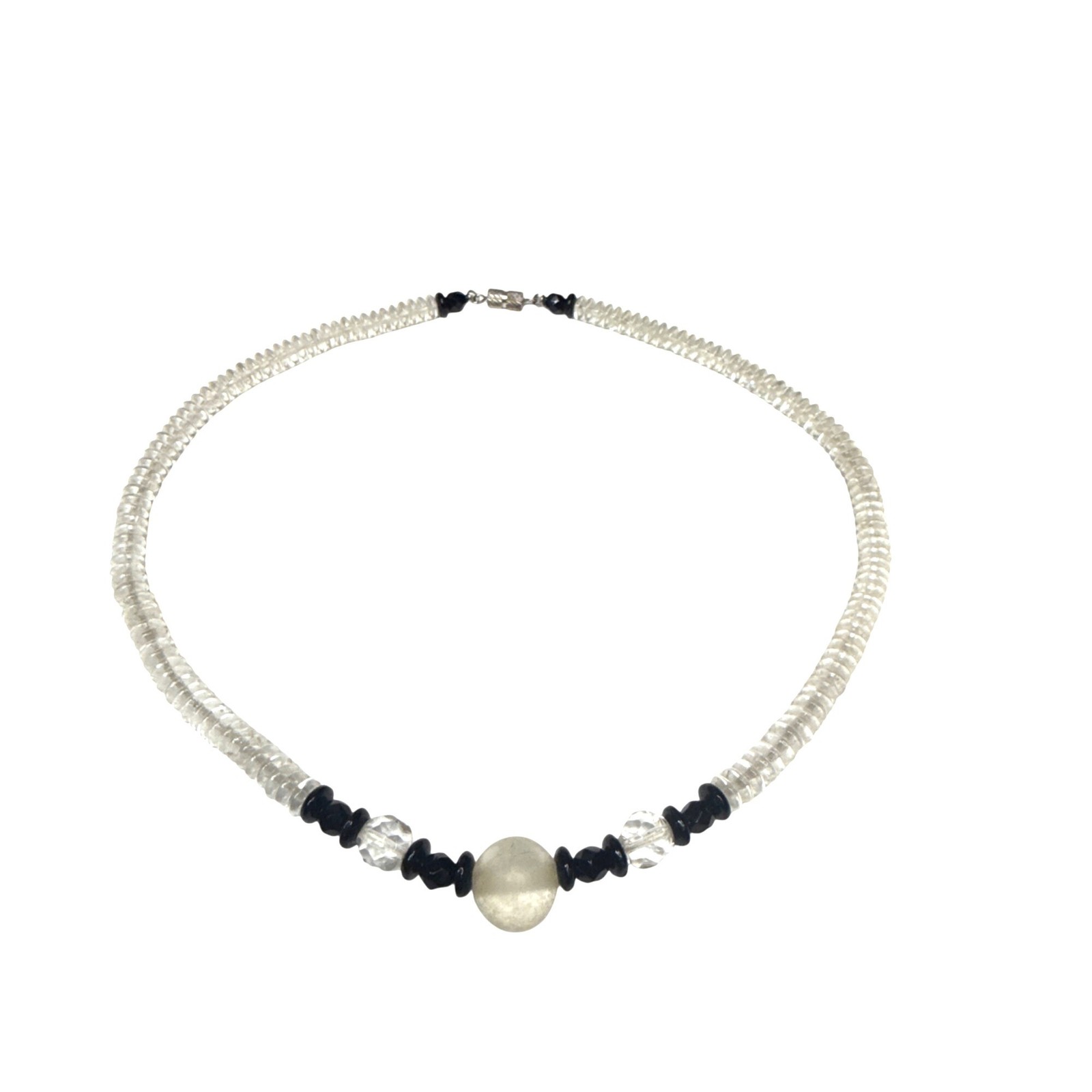 Handmade Beaded Necklace Clear Black Glass Beads White Center Stone Jewelry
