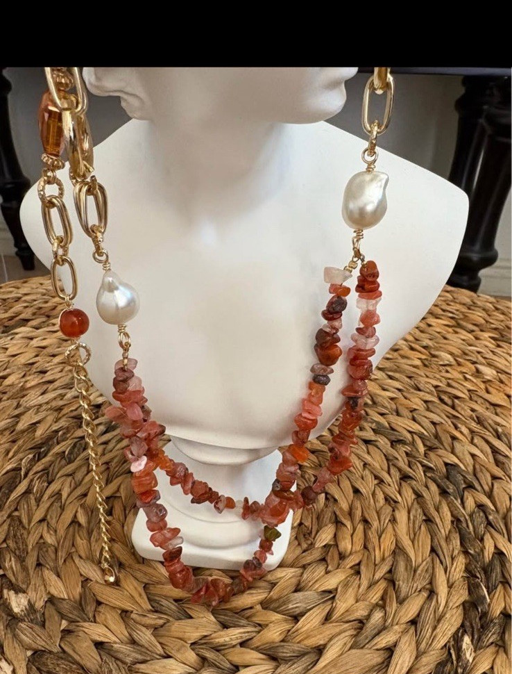 Multi-Strand Beaded Gold-Tone Link Chain Necklace Baroque Pearl Orange Agate