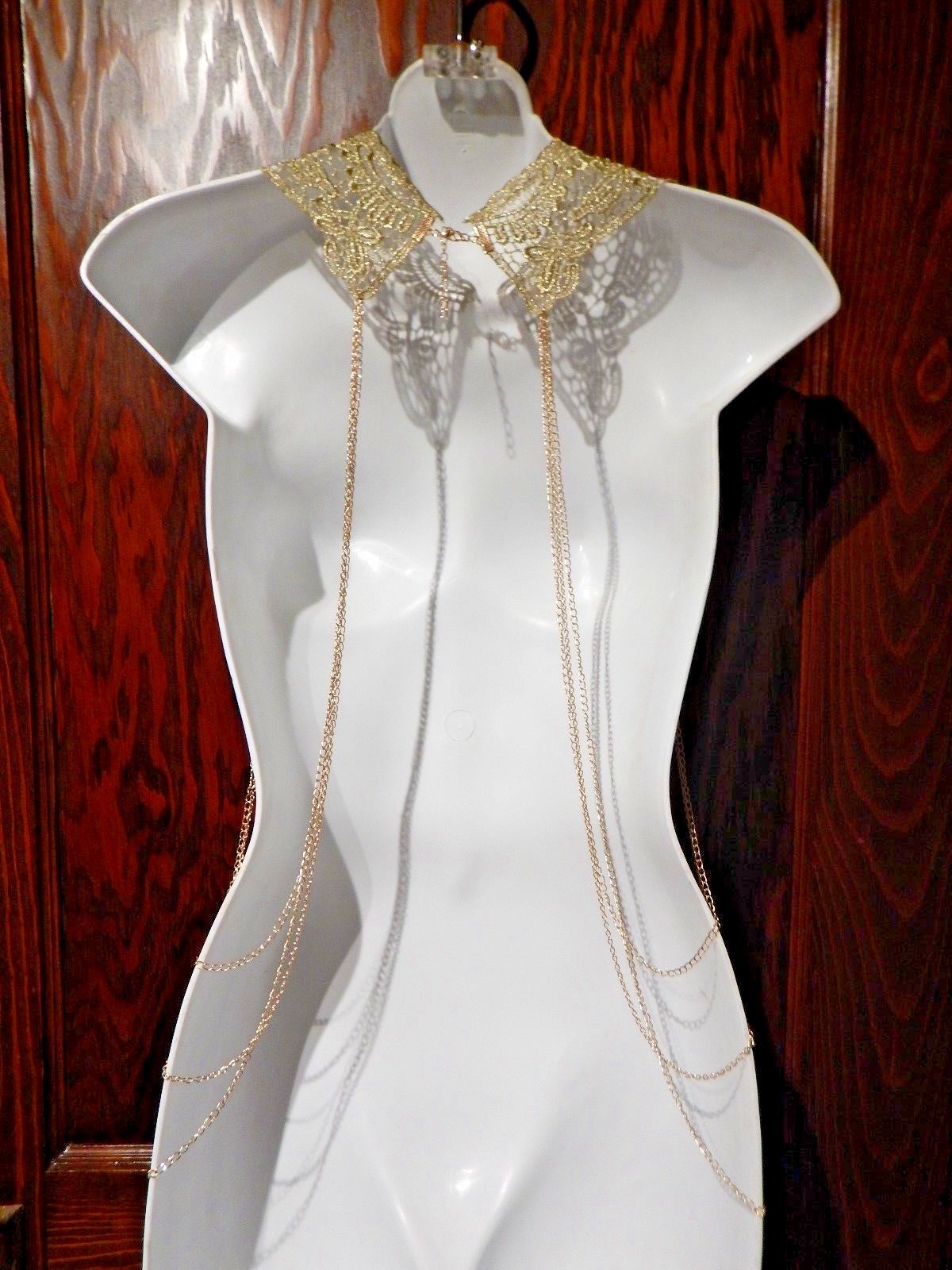 GOLD CHAIN & SPIKES LACE BODY JEWELRY necklace harness yoke choker goddess Z8