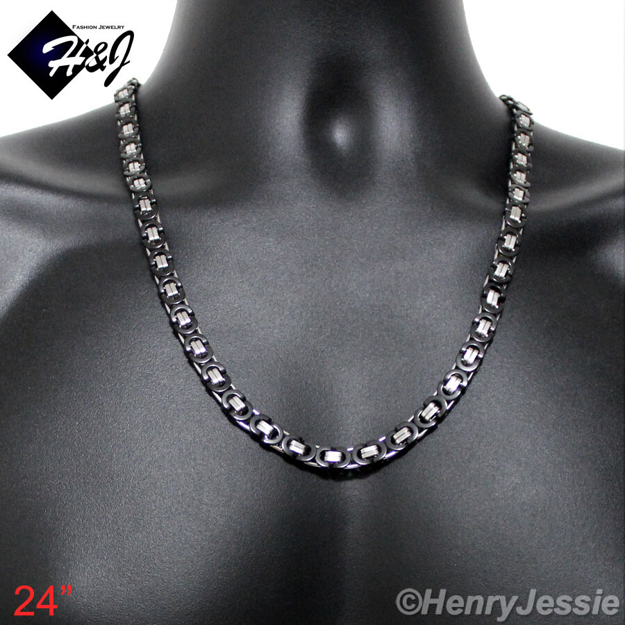 24″MEN Stainless Steel 8mm Silver/Black Plated Flat Box Link Necklace Bracelet