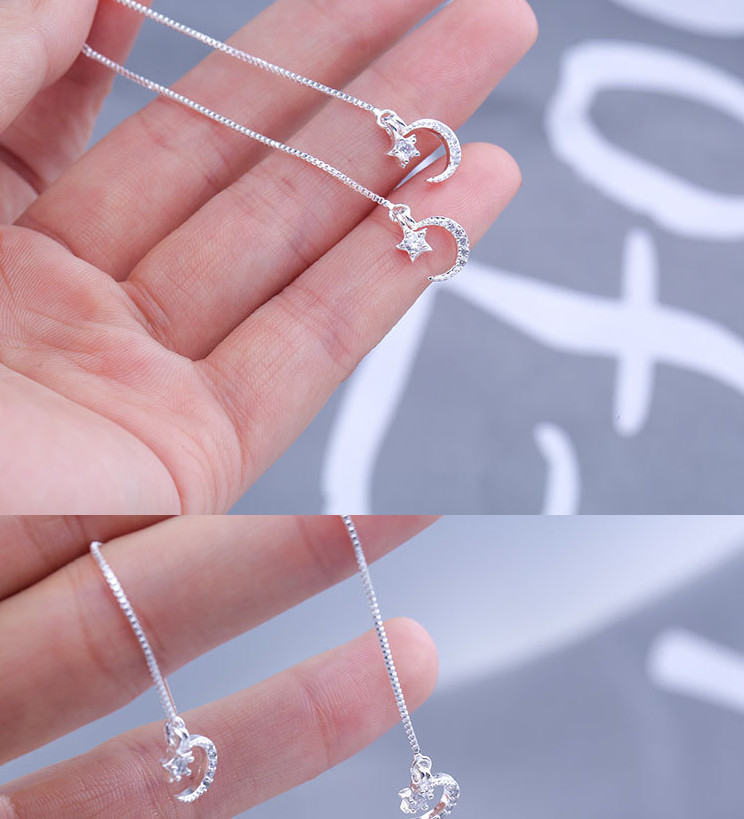 925 Silver Crescent Moon Star CZ Ear Thread Through Threader Pull Earrings PE2