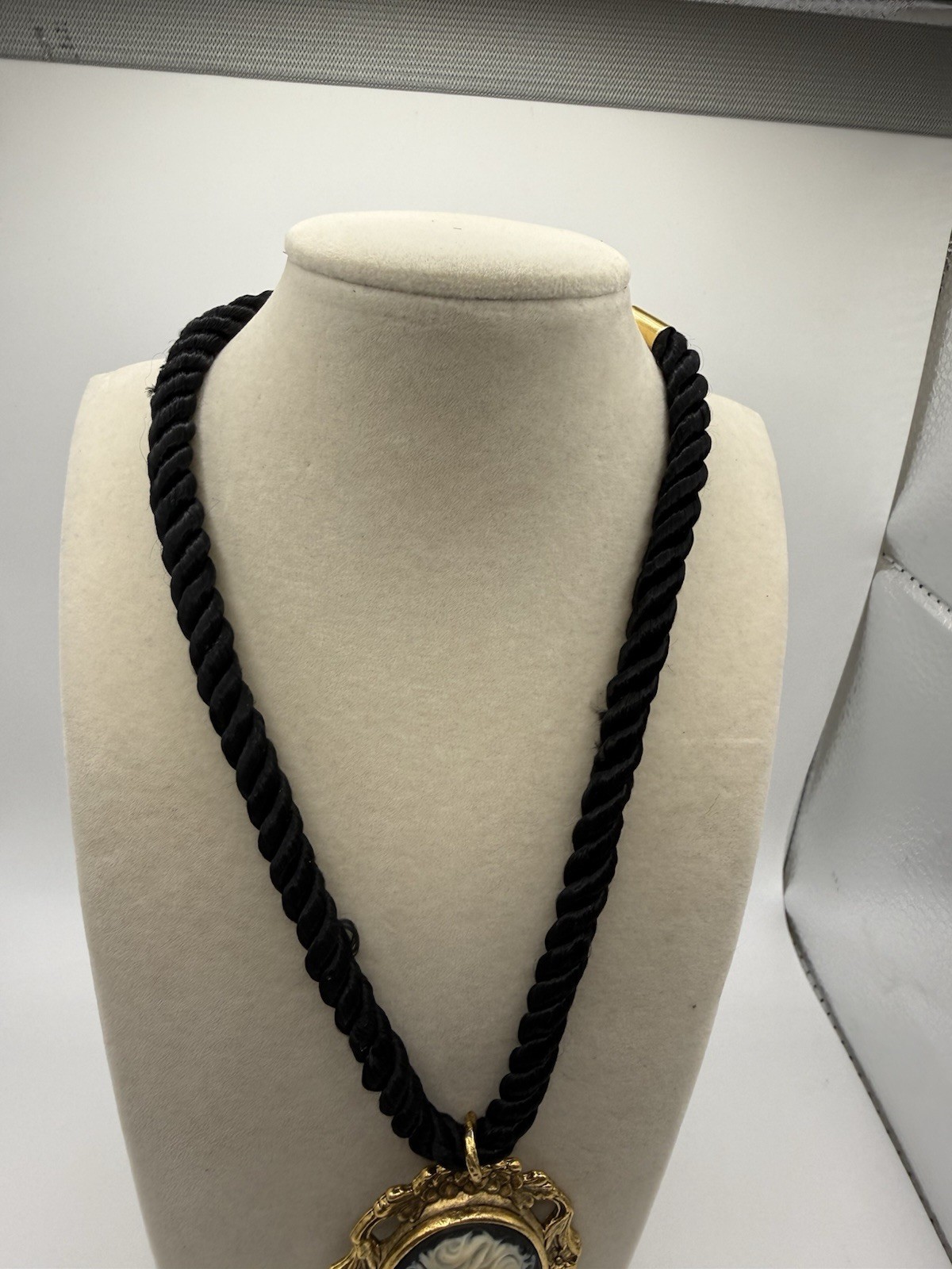 Vintage Ornate Cameo Necklace Black Rope Cord Dark Academia Victorian Goth