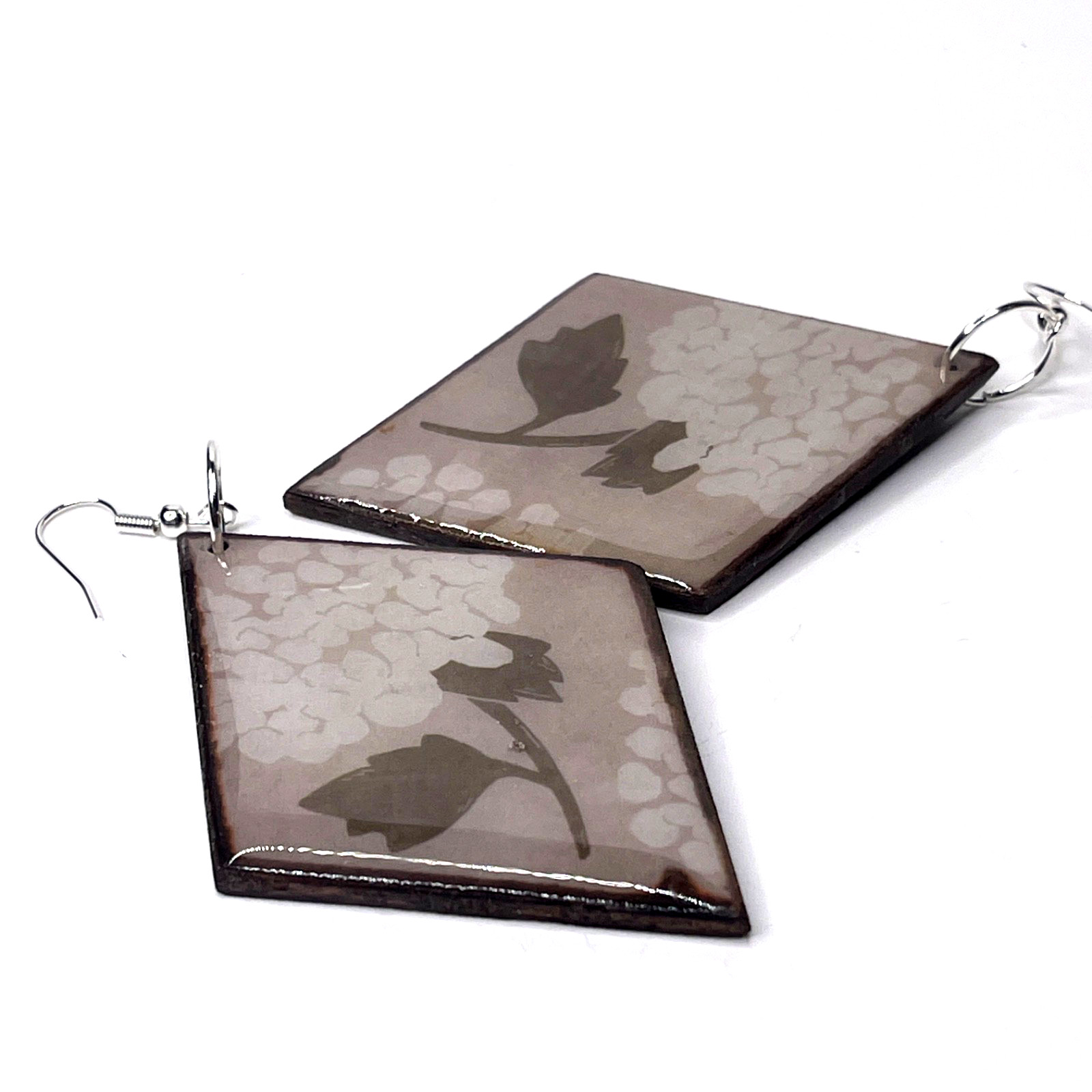 Earrings: 3.75in Handmade Brown Floral Diamond Shape Decoupage Wood Dangle/Drop