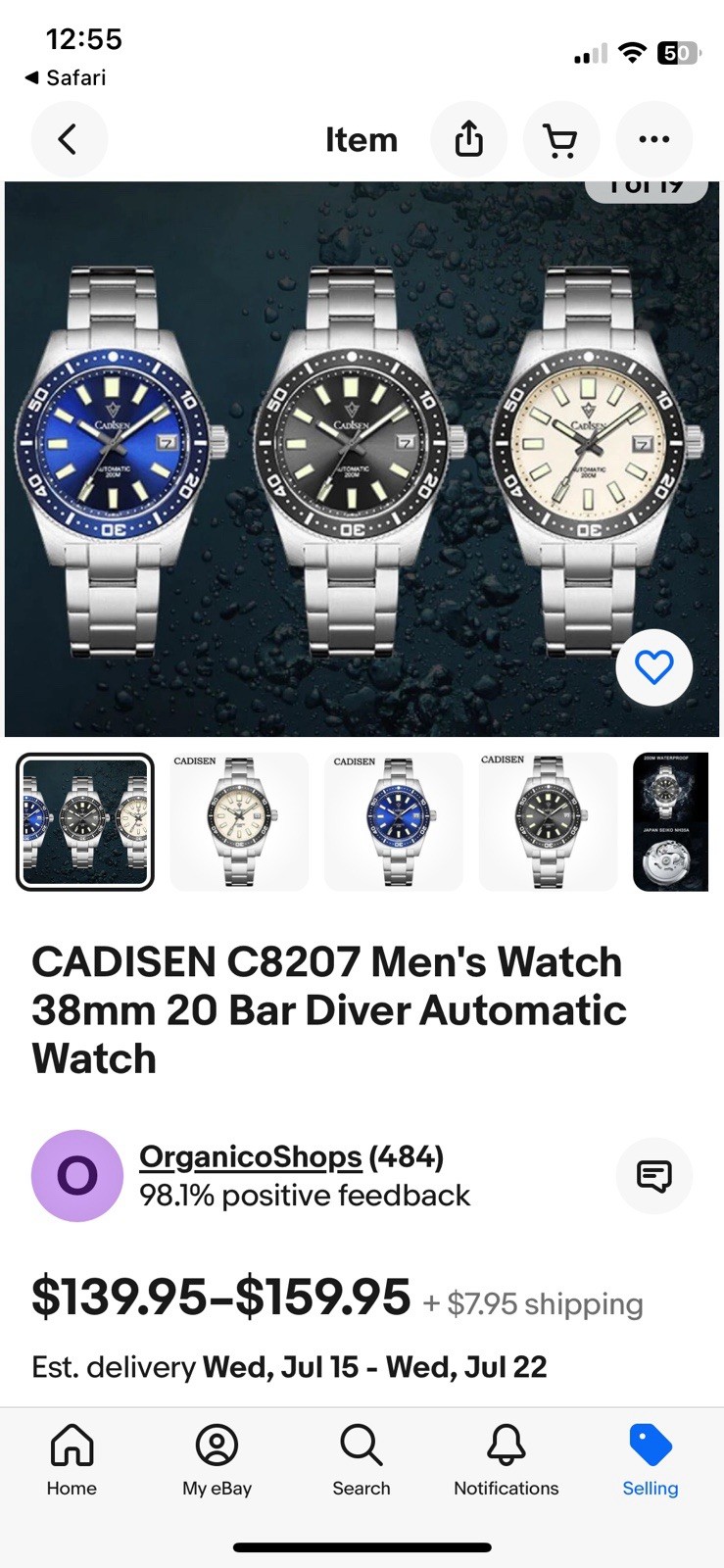 Cadisen C8207 Men Automatic Divers Watch 38MM 62 mas Homage
