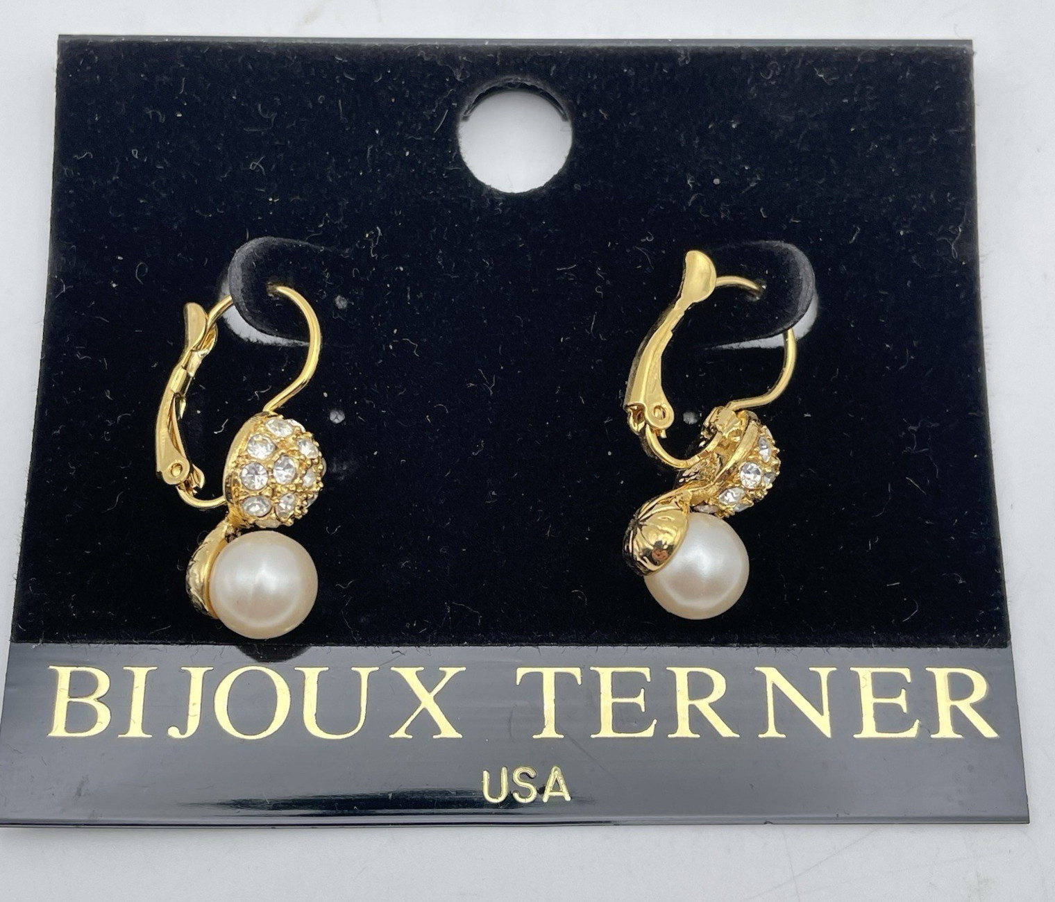 Bijoux Terne Pave Stud Faux Pearl Gold Tone Lever back Pierced Earrings NEW