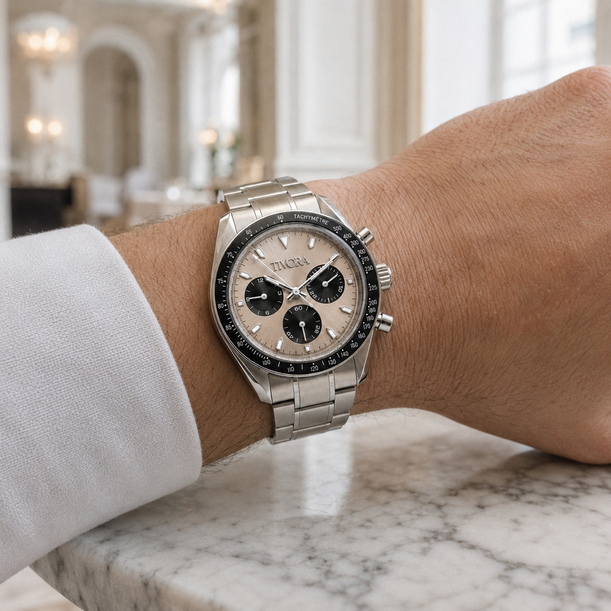 TÍVORÁ Veyron Argent Steel Champagne Dial – Custom Branded Automatic Chronograph