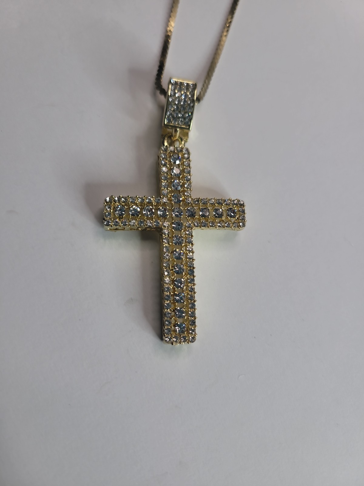 Gold Tone Iced Out Cross Pendant Necklace Clear Rhinestone Pave Hip Hop Style