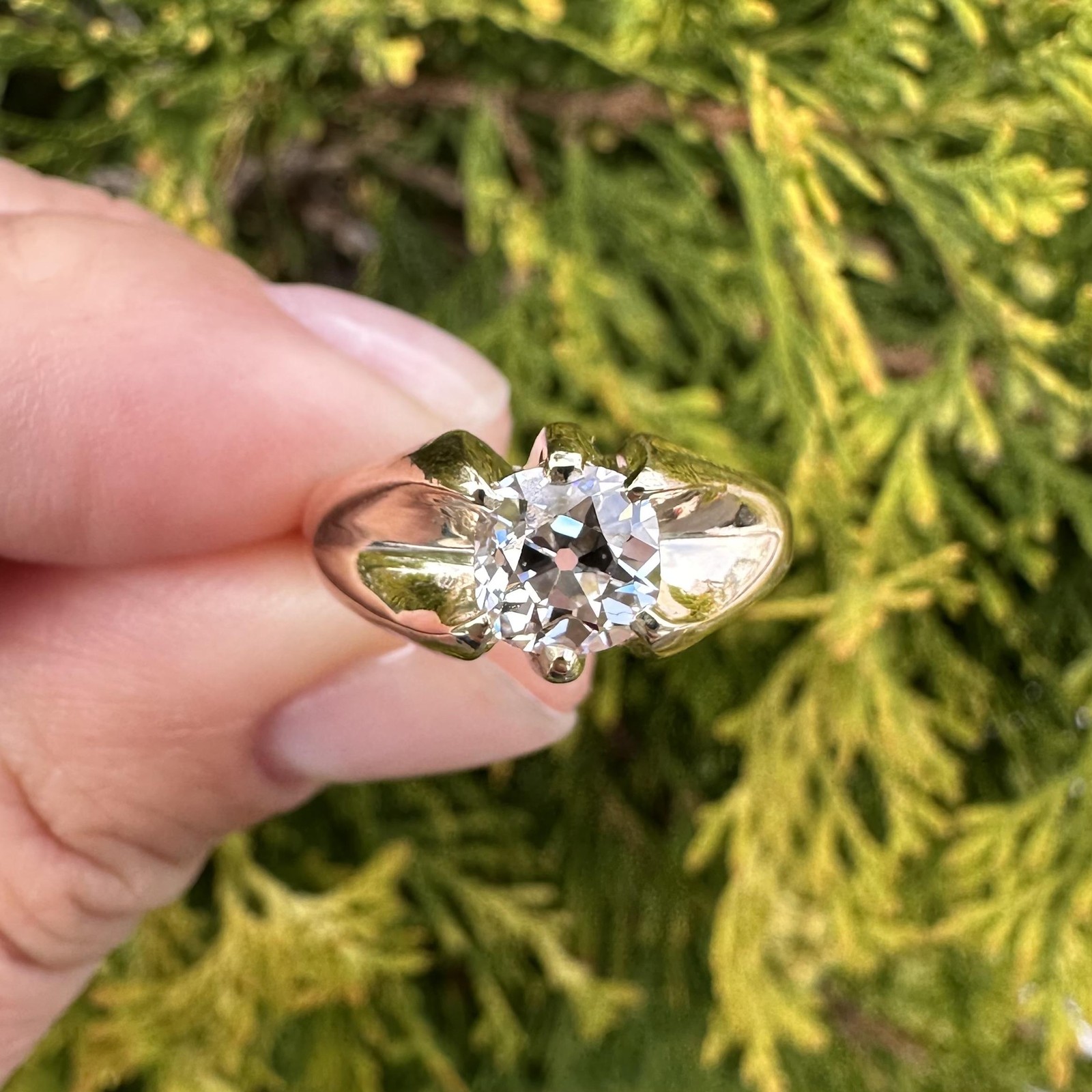 Antique Solid Gold 1.16ct F VS2 Old Mine Cushion Belcher Diamond Solitaire Ring