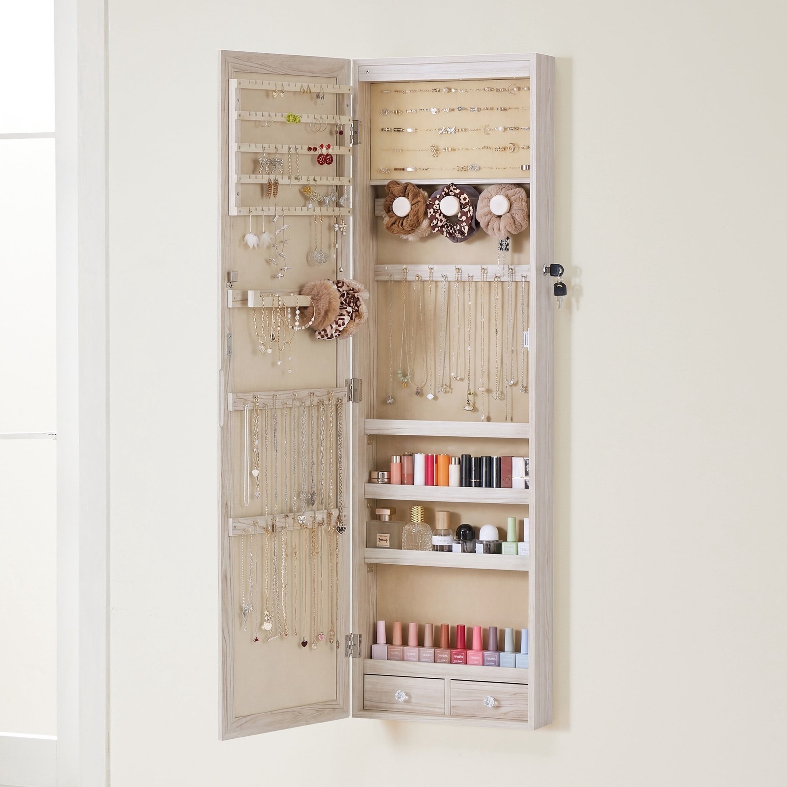 Lockable Jewelry Cabinet Organizer w/Full Length Mirror,Wall Mount Hanging Door