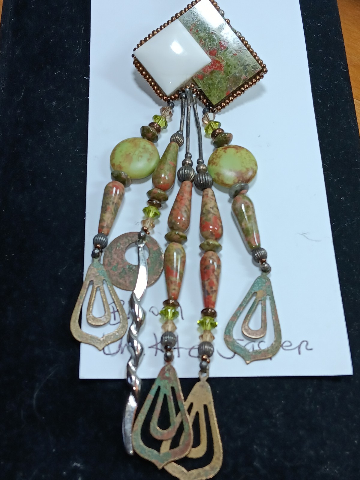 Handcrafted Unakite & Metal Brooch Pin Copper Tone 13cm In Length