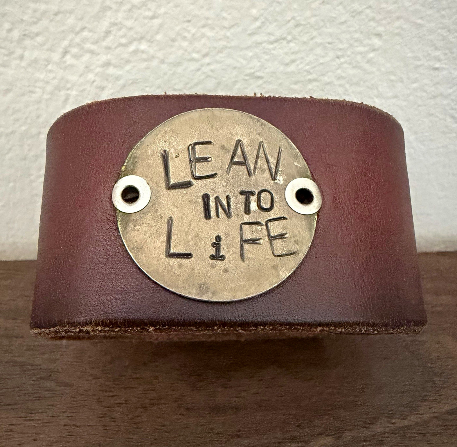 Lean In To Life Leather Cuff Bracelet Wide Brown Stamped Brass Plate Snap Close