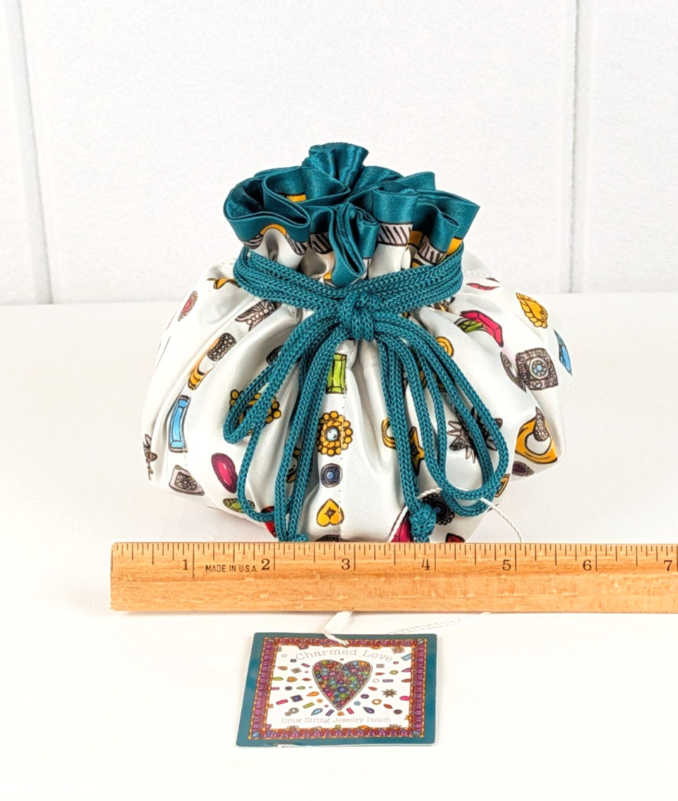 BRIGHTON “Charmed Love” Draw-String Jewelry Pouch Teal White Satin w/Jewels NEW