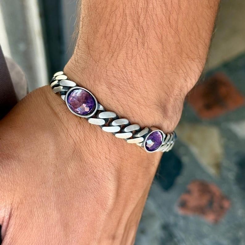 925 Solid Silver Amethyst Curb Chain Bracelet, 10MM Cuban Link Chain Bracelet