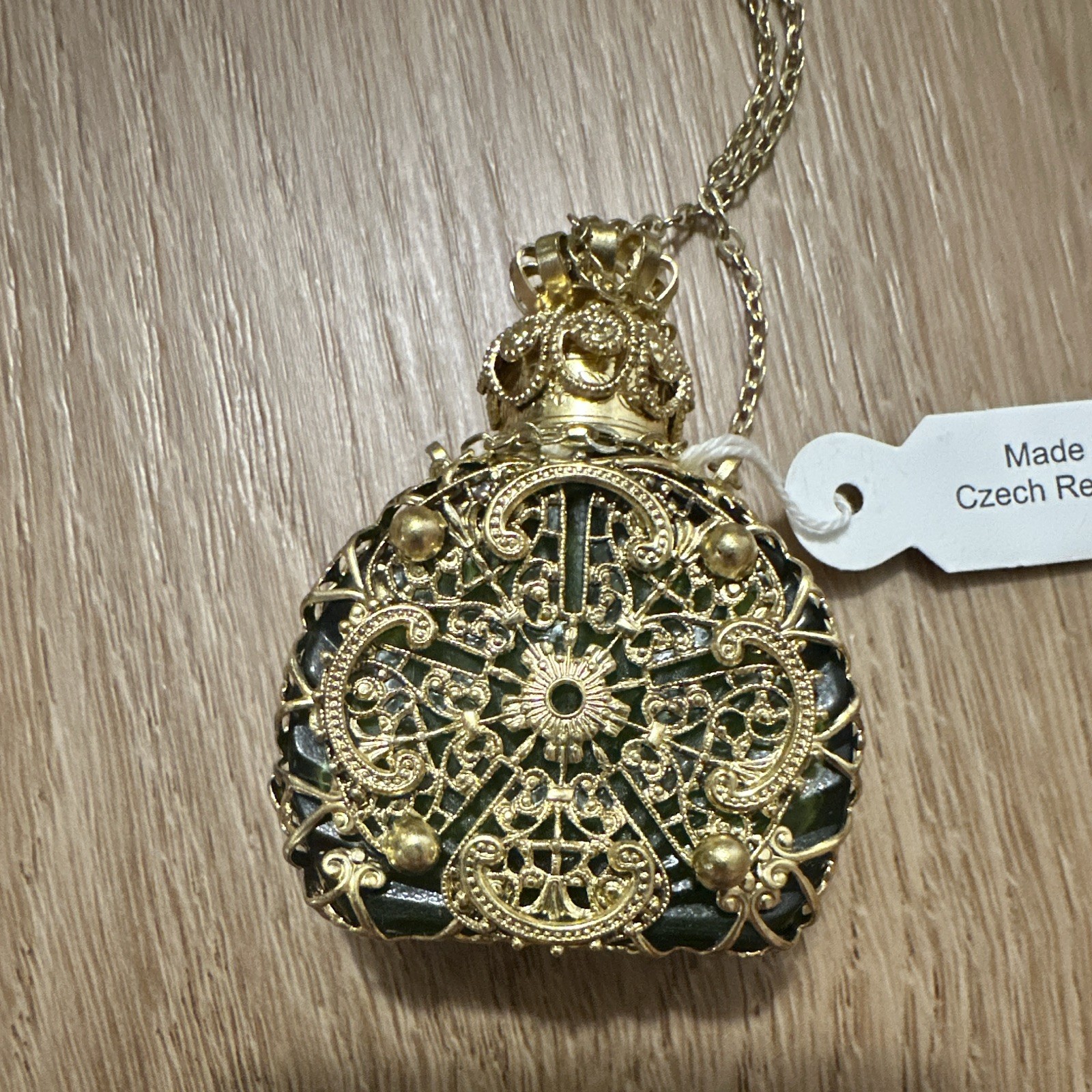 Vintage Czech perfume bottle pendant cable Gold Tone Filigree Green Glass