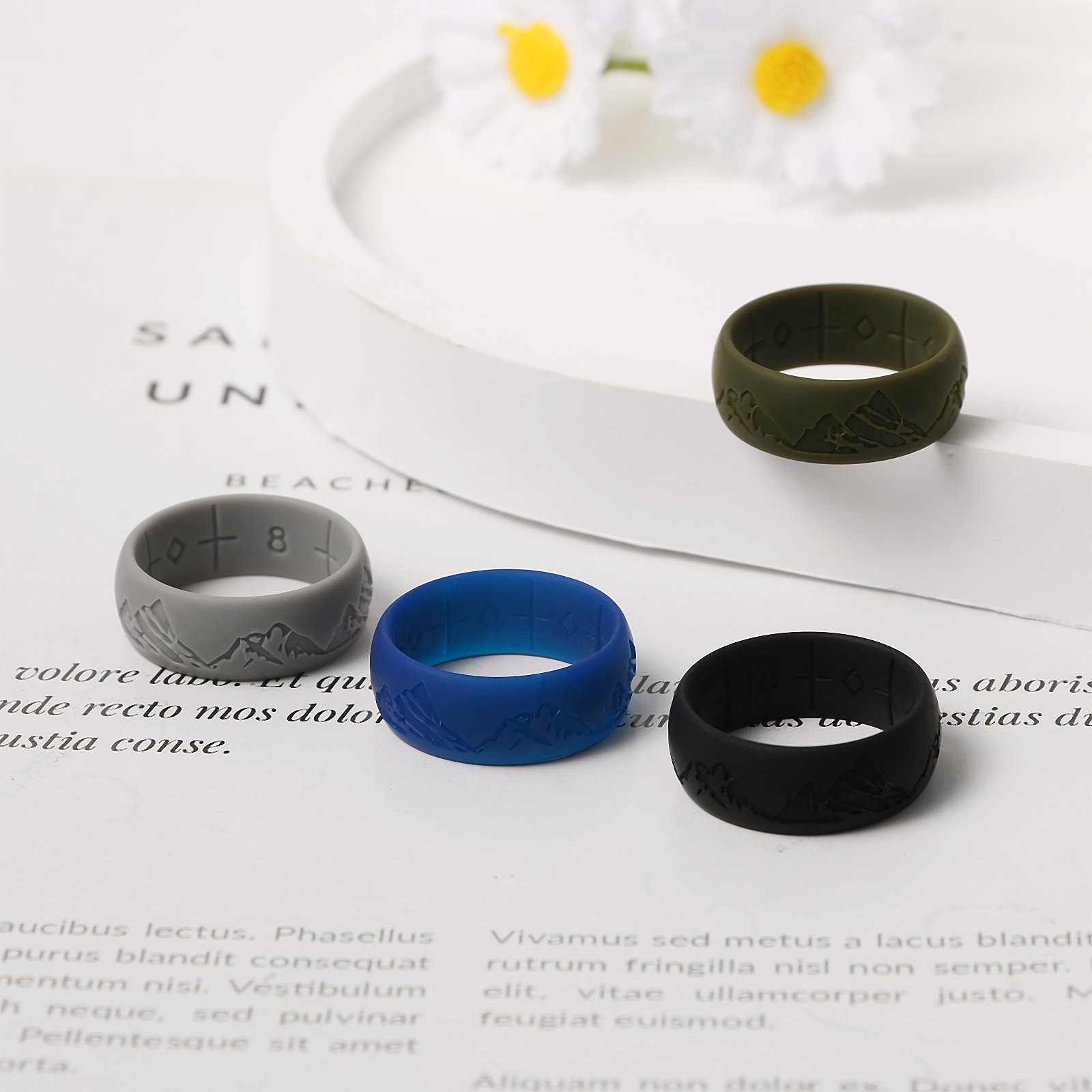 4 Pack Men’s Silicone Wedding Ring Mountain Pattern Sports Rubber Band Size 8-12