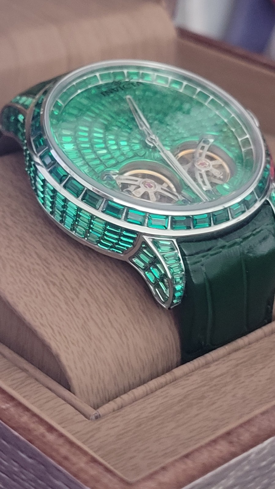 Invicta 69456 Men’s Automatic Skeleton Green Dial 45mm Leather 50m Box