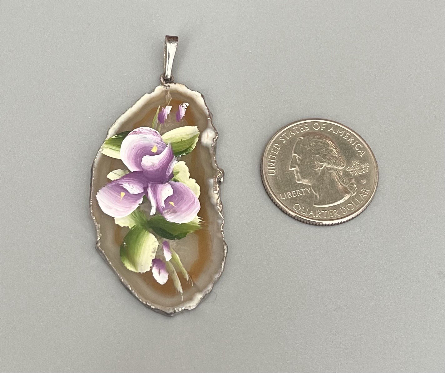 Vintage Hand Painted Translucent Agate Slice Pendant Purple Flowers Silver Tone