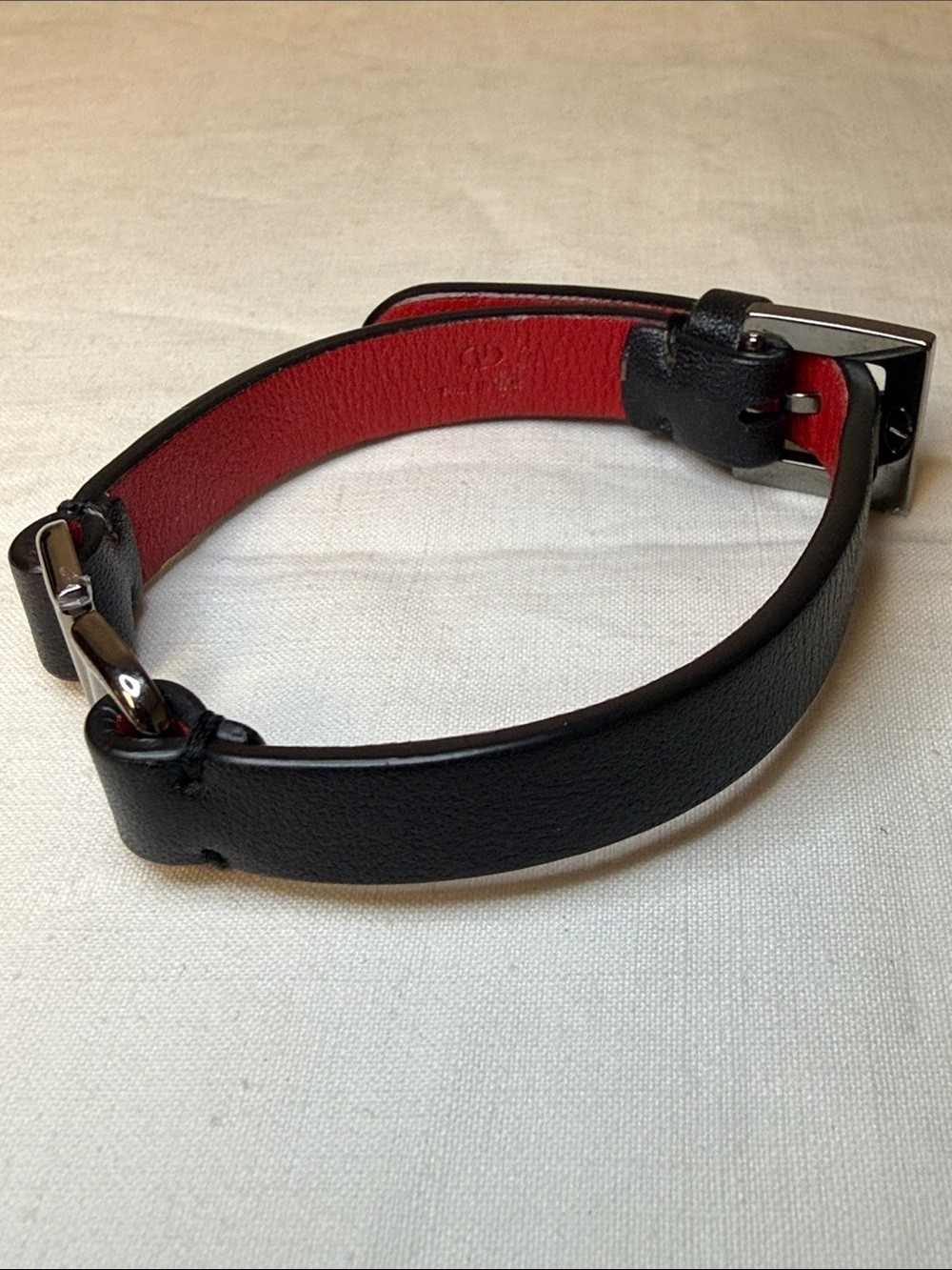 Valentino Garavani V Logo Leather Bracelet Black Red Bicolor Size 16cm