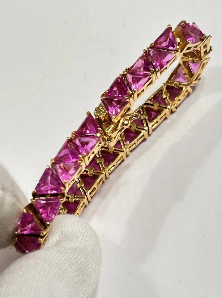4CT Trillion Cut Lab Created Pink Sapphire Tennis Bracelet 14K Yellow Gold Over