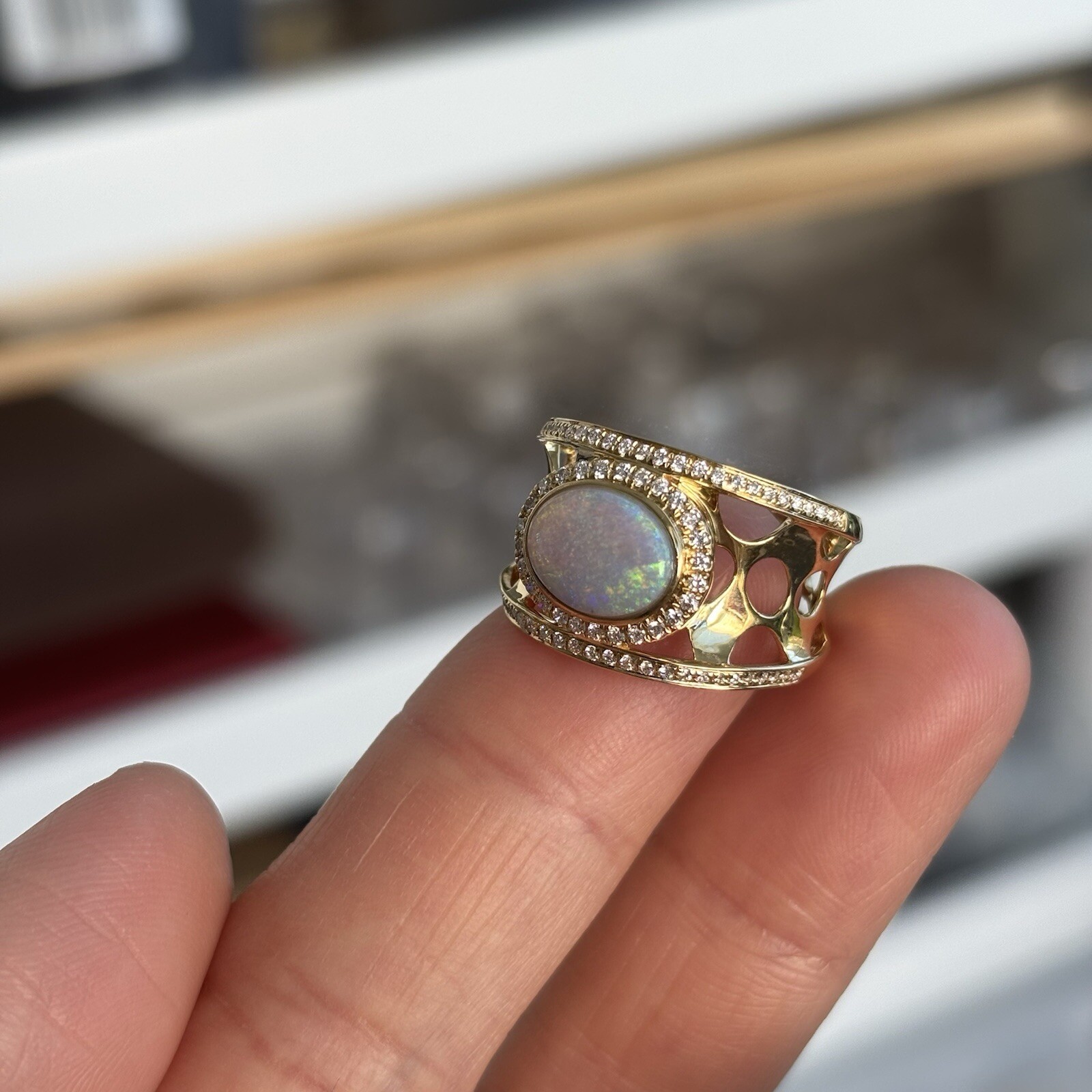 Natural Australia Solid opal w/0.301cts diamond 18K gold ring 29.79cts #O 1/2