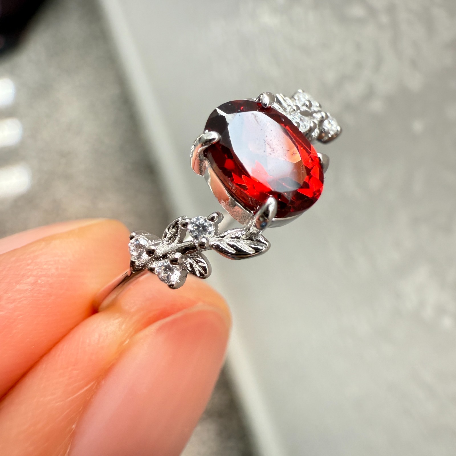 925 Sterling Silver Ring 7x5mm Natural Rhodolite Garnet Gemstone Zircon Flower
